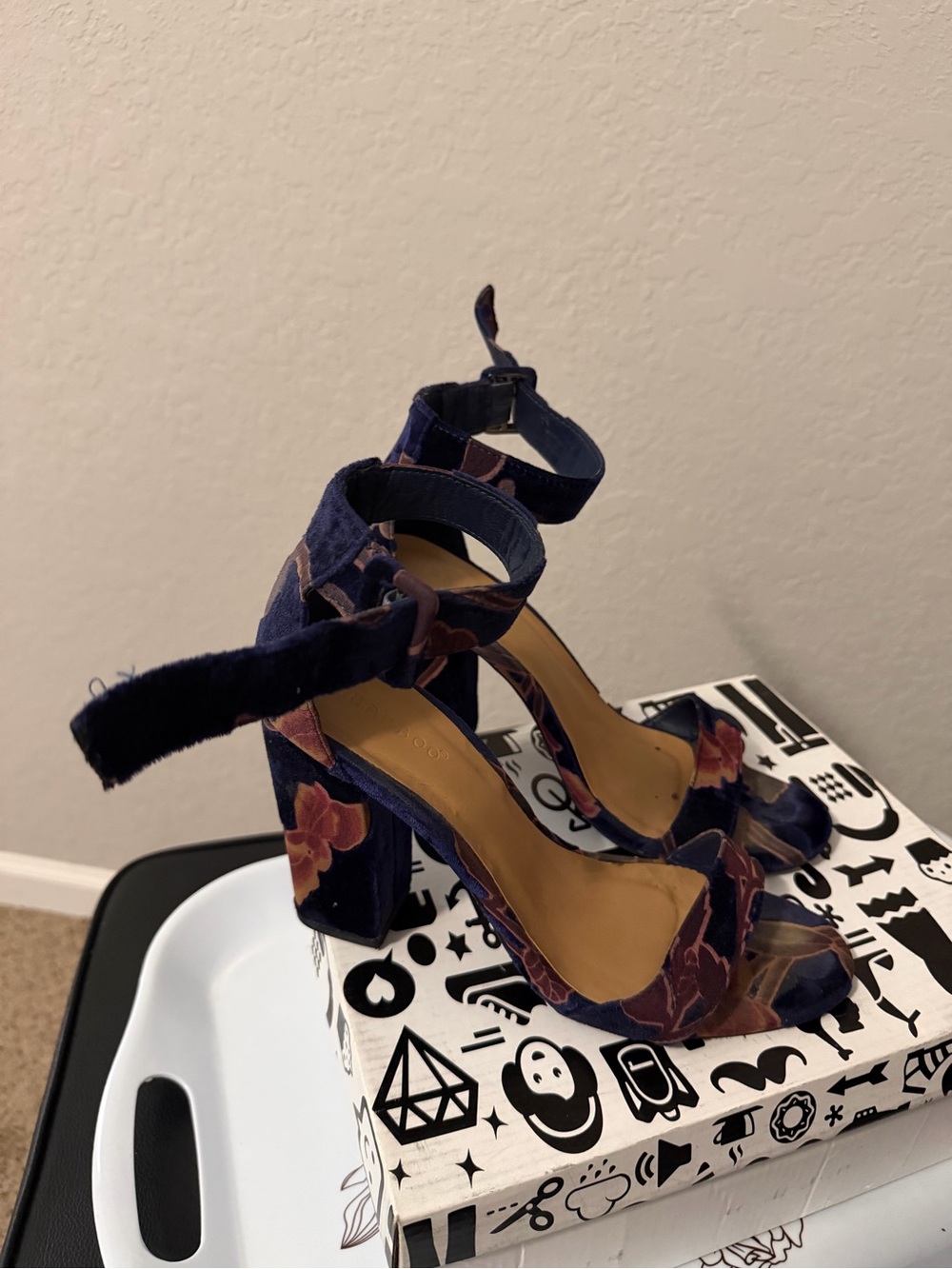 BAMBOO Navy Floral Velvet Ankle-Strap Block Heels